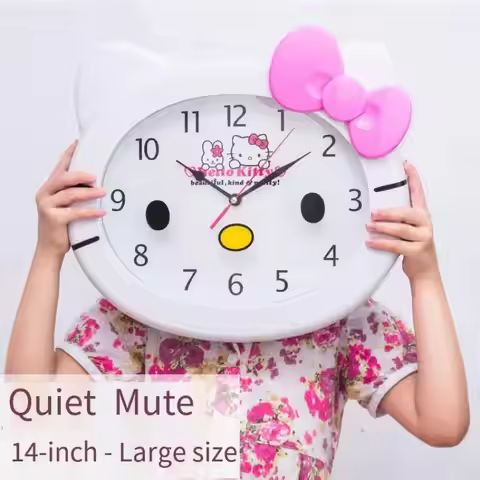 Kawaii 3D Pink Bow Cartoon Hello Kitty Wall Clock Silent Quartz Hanging Clock Nursery Girls Room Hom