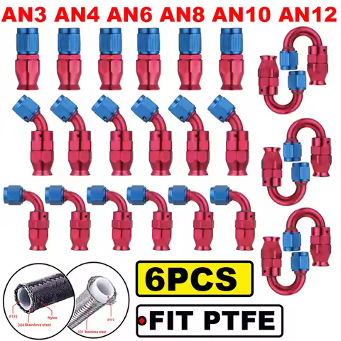 6Pcs AN3 AN4 AN6 AN8 AN10 AN12 Straight 0 45 90 180 Degree Reusable Ptfe Hose End Fittings Adapter F