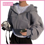 Plbuew Women Polyester Hoodie Versatile Women Sweatshirt Women’s Cropped Zip-up Hoodie with Drawstri