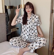 Korean High Quality Silk Pink Print Short Sleeve Pajama Set Sleepwear For Women Pantulog