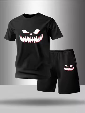 Two piece men's pajamas for spring summer autumn winter short sleeved shorts fashionable geometric p