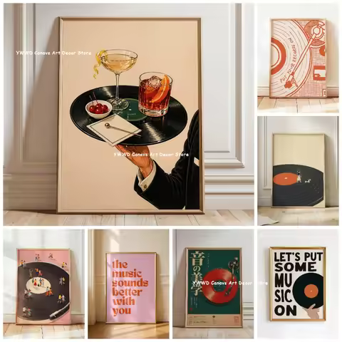 Retro Cocktail Vinyl Record Bar Tray Canvas Print Music Sounds Better with You Japanese Wall Art Pos