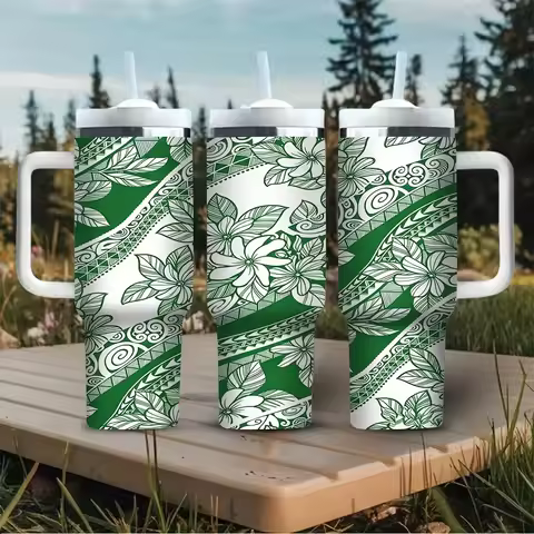Green Tribal Floral Print 40oz Tumbler with Handle, Fits All People for Daily Use Travel And Outings