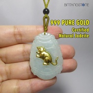 Giok Emas 24K Asli Sertifikat Shuo Tikus PURE GOLD 999 Rat Light Green Jadeite Burma Type A Necklace Kalung Liontin Giok Cina Hijau Myanmar Ori Jade Fei Cui Pendant Healing Therapy