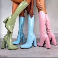 Ka5 Bright Leather Women's Boots - Square Toe, Thick Heel, Side Zipper, Large Sizes