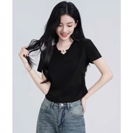 ON SALE_zip cotton Women's short-sleeved V-neck T-shirt 60363, summer 2026 model, slim fit, slim fit