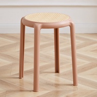 Stool Stackable Plastic Rattan Modern Simple Thick Adult Home Use Small round Stool Furniture พิมพ์ล