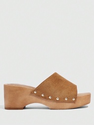 Styleloop 優雅的棕色女士楔形滑板拖鞋,春夏季款鑲飾細節縫紉細節拖鞋