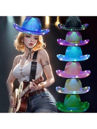 Sombrero vaquero espacial de neón que brilla en la oscuridad, para fiestas disco y con luz fluorescente rosa con 7 colores estilo oeste, sombrero fantástico, 3 piezas por juego