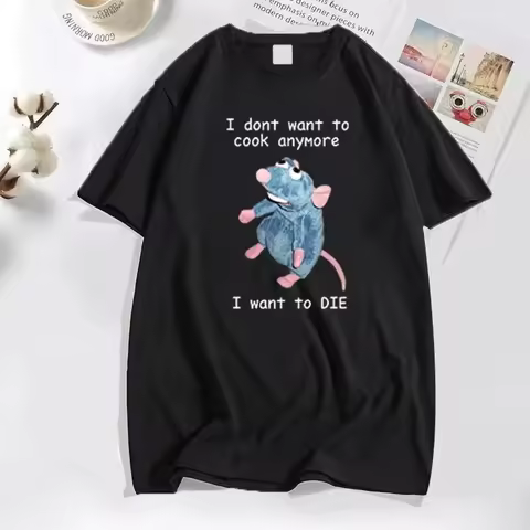 Funny T Shirt Men Print I Don't Want To Cook Anymore I Want To Die Mouse Rat T-shirt Casual Cotton S