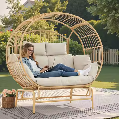 Oversized 2-Person Egg Chair Glider Rocking Chair, Heavy-Duty Wicker Rattan Outdoor Loveseat w/Thick