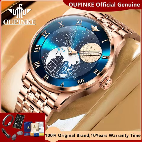 OUPINKE Luxury Swiss Automatic Watch Men 3D Earth Starry Star Rotating Dial Moon Phase Men's Wristwa