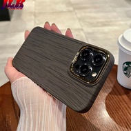 [JLK] Plating Lens Frame Wooden Grain Texture Phone Case For iPhone 15 14 Plus 13 12 11 Pro Max XS XR X 7 8 Plus SE Soft Silicone Bumper Cover