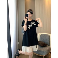 Summer Plus Size Fat Sister Loose Fashion Ruffled Stitching Dress Mid-Length Casual Short-Sleeved T-Shirt Dress