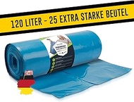 Bin Bags, 120 L, Blue, Pack of 25, Extremely Tear-Resistant, Waste Bags, XXL Type 100 Extra, Bin Lin