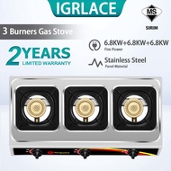 IGRLACE 3 Three Burner Gas Stove Dapur Gas Stainless Steel Gas Stove Desktop Liquefied Gas Furnace K