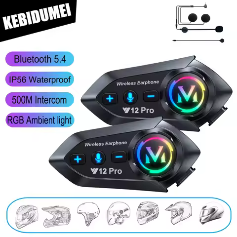 KEBIDUMEI Y12Pro Bluetooth 5.4 Motorcycle Helmet Intercom Headset with RGB Ambient Light Waterproof 