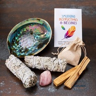 Sage Smudge Kit with 2 White Sage Bundles 4" inch 2 Palo Santo Sticks Abalone Shell 5-6" inch Rose Q
