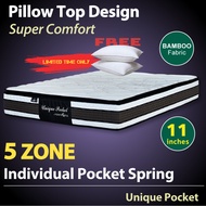 Ready Stock - Unique Pocket Mattress * 11 Inches * 5 Zone Individually Pocketed Spring * SINGLE / SUPER SINGLE / QUEEN / KING SIZE AVAILABLE