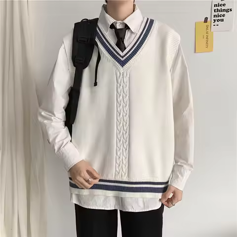 2025 Men's Autumn Winter New Loose V-neck Sweater Vest Male Solid Color Knitted Waistcoat Men Casual