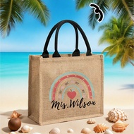 Personalized Custom Name Canvas Beach Tote, Custom Rainbow Teacher Beach Bag Bridesmaid Gift Tote Ba