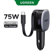 UGREEN 75W Car Charger Retractable Flexible 3 Ports USB A PD 30W Fast Charging with USB C Cable 75cm