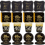 Adult 30/40/50/60th Birthday Decorations Party Plates Napkin Cup Black And Gold 30th 40th 50th 60th 