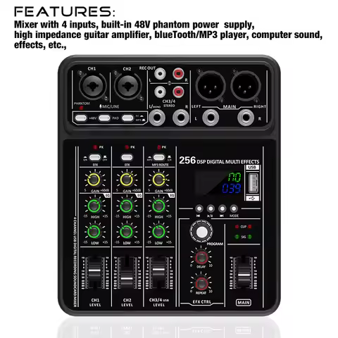 Audio Interface Mixer with Bluetooth USB Recording Computer 48V Phantom Power Delay Replay Effects, 