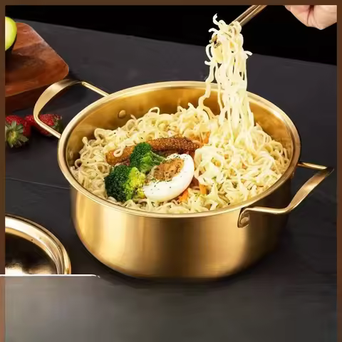 Korean Instant Noodle Pot Stainless Steel Ramen Pot with Lid Binaural Soup Pot Japanese Golden Small