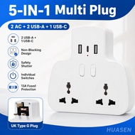 HUASEN 5-in-1 UK Type G Multi Plug Adapter with 2 AC Outlets, 2 USB-A & 1 USB-C, 13A Fused Protectio
