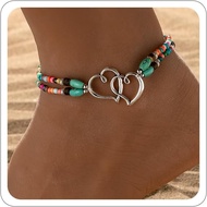 Women's Beaded Elastic Ankle Bracelet, Double Heart Elastic Ankle Bracelet, Waterproof, Exquisite, B