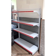 Single supermarket shelf with 4-tier mesh back, 1.5m high, 1.2m long