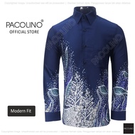 Pacolino - (Modern Fit Cutting) Blue Color Malaysia Men Batik Long Sleeve Kemeja Batik Lelaki Lengan