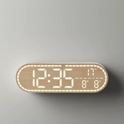 LED Digital Wall Clock Temperature Week Date 2 Alarms Wood Style Brightness Adjustment Timer Snooze