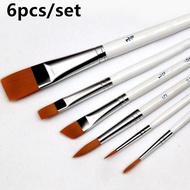 6Pcs/pack Nylon Watercolor Gouache Acrylic Painting Brush Wooden White Rod Pointed Flat Head Paint