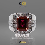 CG | Premium Lab Corundum Ruby with Moissanite Silver 925 Men's Ring Emerald Cut Rhodium Plated