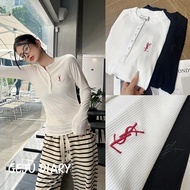 Aesthetic Preference！YSL Letter Embroidery~Solid Color Long SleeveTT-shirt Women's Early Spring New Waist Slimming Versatile Bottoming Shirt