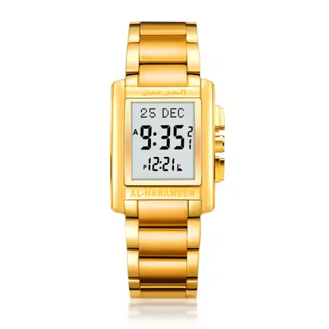 Muslim Prayer Watch with Qibla Compass Adhan Alarm and Azan Time Islamic Wristwatch Rectangle Sapphi