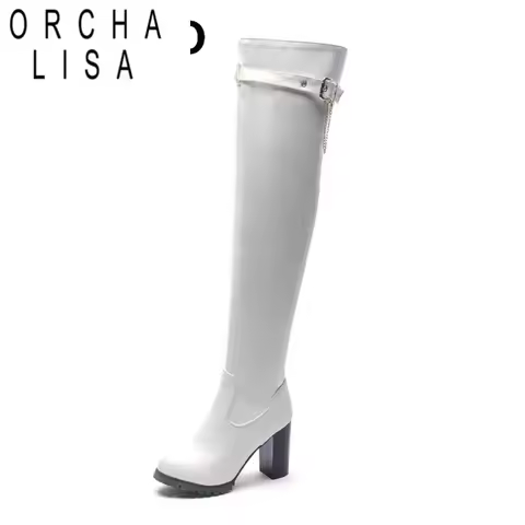 ORCHA LISA Big Size 33-50 Women Thigh High Boots Faux Leather Side Block Heels Long Boots White Dres
