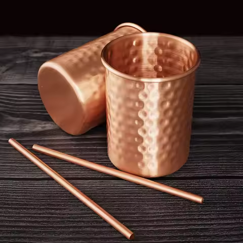 Retro Pure Copper 2 Cups, 2 Straws Set 400ml Solid Moscow Mule 100% Copper Cocktail Glass Beer Milk