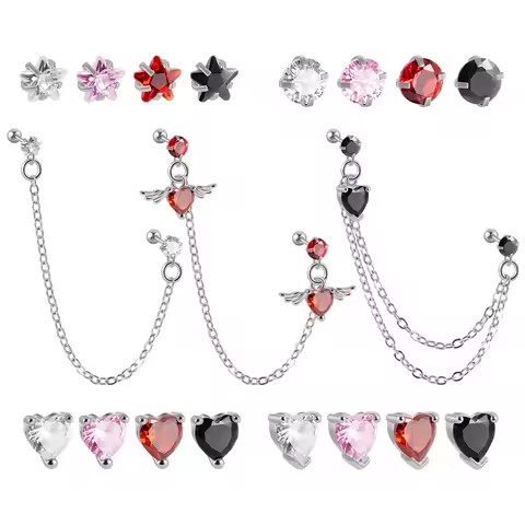 1Pcs Stainless Steel Chain Double Hole Fashion Heart Round Star Zircon Cartilage Earring for Women H