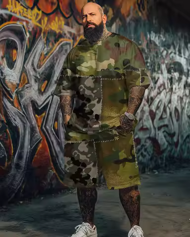 S-9XL Plus Size Men's Streetwear 2 Piece Outfit, Camo Faith Over Fear Hip-Hop Graphic Print Short Sl