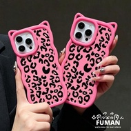 Cute Leopard Print Cat Ears 3D Waves Phone Case For Samsung Galaxy A73 A57 A56 A55 M55 F55 A54 A53 A