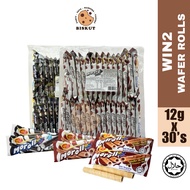 WIN2 Moroll Wafer Rolls 12g x 30pcs Crunchy Outside, Creamy Inside Chocolate | Black & White Biskut 
