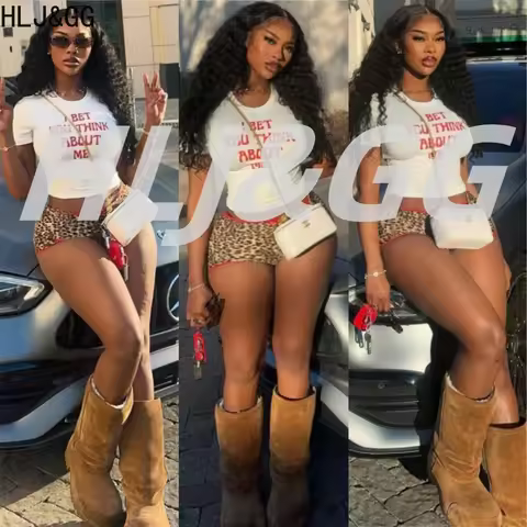HLJ&GG Trend Fashion Leopard Print Shorts Two Piece Sets Women Letter Round Neck Slim Crop Top And S