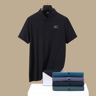 Mizuno เสื้อแห้งเร็วเสื้อโปโลสำหรับผู้ชายเสื้อกีฬาแขนลำลองขาสั้นผ้า Ice Silk Plus เสื้อยืดคอปก Mizun