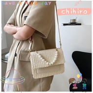 CHIHIRO Straw Beaded Messenger Bag, Pearl Metal Ladies Handbag, High Quality Straw Weave PU Leather Trend Purses Women