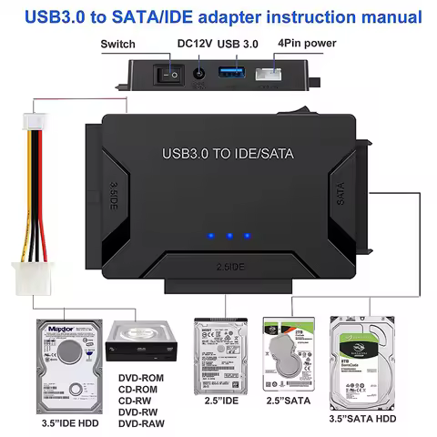 SATA/IDE to USB 3.0 Adapter Hard Drive Adapter Cable Converter for 2.5/3.5 Inch SATA and IDE HDD Sup