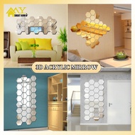 【6 colors】12pcs/Set 3D Acrylic Mirror Self-Adhesive Wallpaper Wall Sticker Decoration Hexagon Paste Mirror Living Room Bedroom Home Decoration DIY Mirror