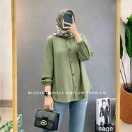 Blouse Crinkle Airflow Warna Sage green Size M L XL XXL Devanca Shirt / Atasan Lengan Karet / Kemeja